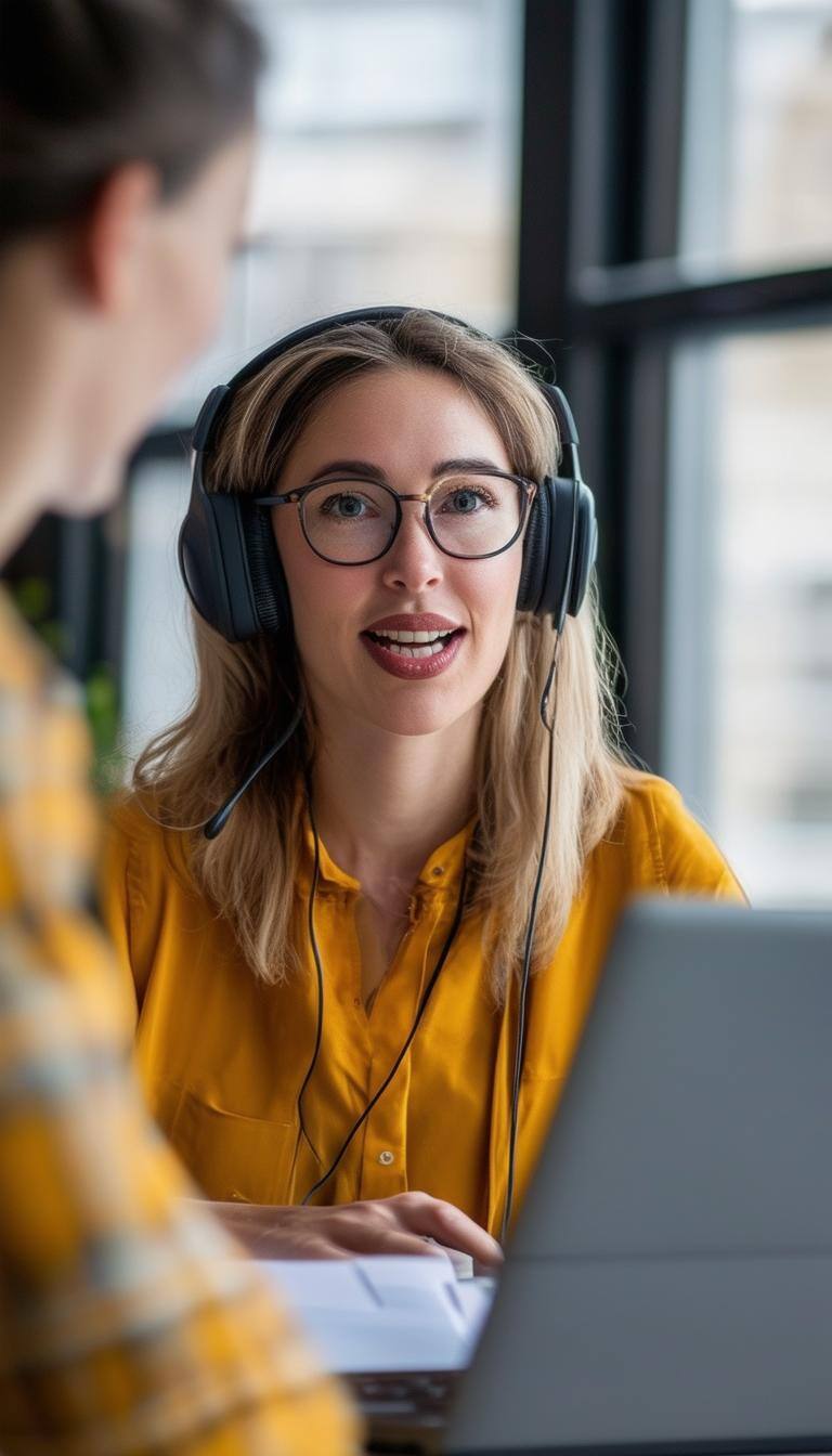 small business owner woman with headset speaking to someone with laptop